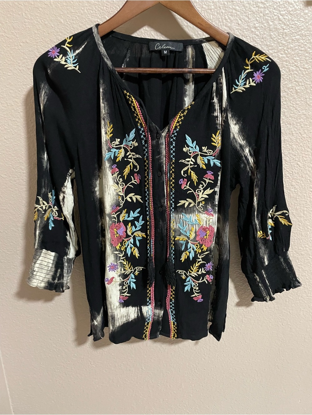 Calessa Black Boho Blouse with Multicolor Floral Embroidery